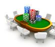 Gambling poker table with chairs and chips on it.
