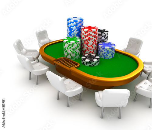 Illustration: Gambling poker table with chairs and chips on it. Gambling poker table with chairs and chips on it.