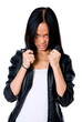 Portrait girl with an open mouth in a leather jacket