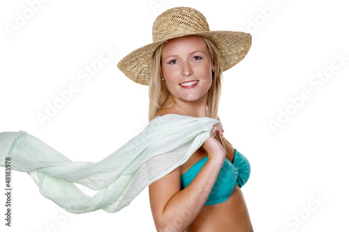 Photo: Frau mit Strohhut und Bikini, Frau mit Strohhut und Bikini,