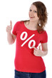 Junge Frau in Sale-Shirt "Daumen rauf"