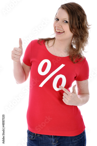 Photo: Junge Frau in Sale-Shirt "Daumen rauf" Junge Frau in Sale-Shirt "Daumen rauf"