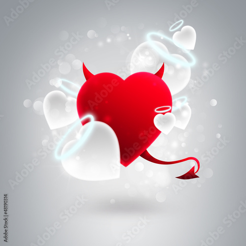 Illustration: Devil and angel hearts together at silver glitter background. Va Devil and angel hearts together at silver glitter background. Va
