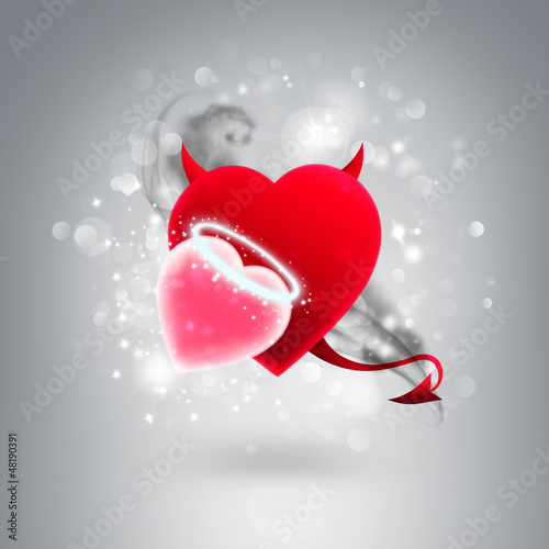 Illustration: Devil and angel hearts together at silver glitter background. Va Devil and angel hearts together at silver glitter background. Va