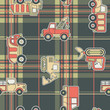 CuteTrucks with tartan background - seamless pattern