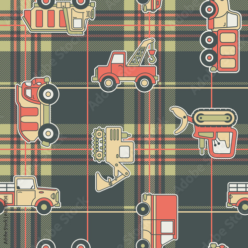Vector: CuteTrucks with tartan background - seamless pattern CuteTrucks with tartan background - seamless pattern