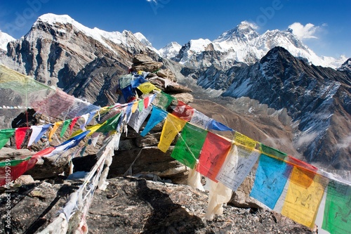 Photo: view of everest from gokyo ri with prayer flags - Nepal view of everest from gokyo ri with prayer flags - Nepal