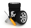 Wheel and Tools. Car service. Isolated 3D image