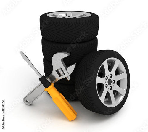 Illustration: Wheel and Tools. Car service. Isolated 3D image Wheel and Tools. Car service. Isolated 3D image