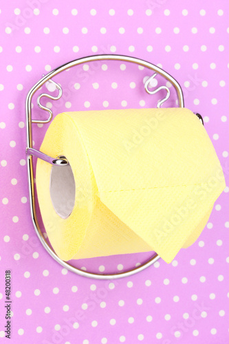 Photo: Roll of toilet paper on holder fixed to wall Roll of toilet paper on holder fixed to wall