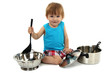 cute little boy with kitchen accessories, isolated on white