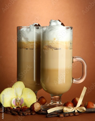 Photo: Fragrant coffee latte in glasses cups with spices, Fragrant coffee latte in glasses cups with spices,