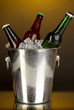 Beer bottles in ice bucket on darck yellow background