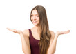 Beauty woman showing two empty palms with space for product
