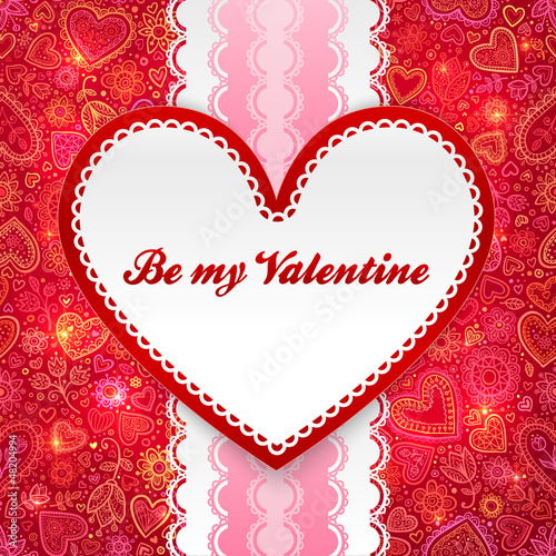 Vector: Valentines day greeting card with heart and lacy ribbon Valentines day greeting card with heart and lacy ribbon