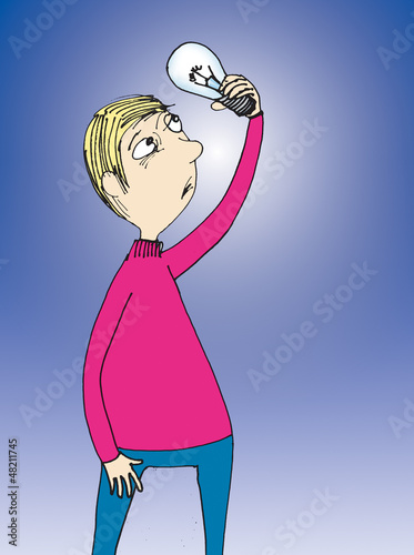 Illustration: Man holding lamp. Cartoon Man holding lamp. Cartoon