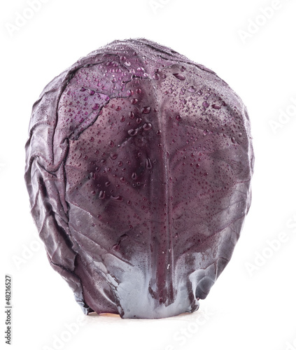 Photo: Fresh red cabbage with water drops isolated on white background Fresh red cabbage with water drops isolated on white background