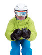 Skifahrer in Abfahrtshocke mit Skibrille und Panorama