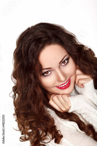 Photo: Beautiful Brunette Woman in White Knitted Jersey - Pretty Smile Beautiful Brunette Woman in White Knitted Jersey - Pretty Smile