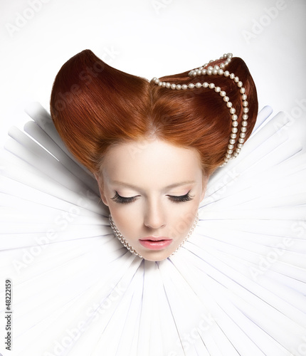 Photo: Theatre. Woman in Medieval Frill - Retro Hairstyle. Fantasy Theatre. Woman in Medieval Frill - Retro Hairstyle. Fantasy