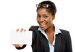 Happy African American business woman holding placard isolated o