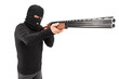 A man with robbery mask attacking someone with shotgun