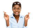Happy African American business woman fingers crossed isolated o