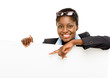 Happy African American business woman showing empty copey space
