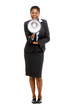 African American business woman holding megaphone isolated on wh