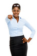 Happy African American business woman pointing isolated on white