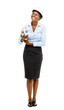 Happy African American business woman architect holding blueprin