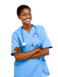 Portrait confident African American female doctor white backgrou