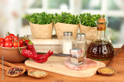 Photo: composition of raw meat, vegetables and spices composition of raw meat, vegetables and spices
