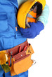 Male builder in blue overalls with yellow helmet  isolated
