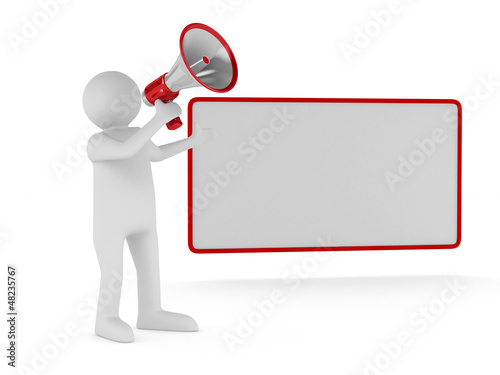 Illustration: orator speaks in megaphone. Isolated 3D image orator speaks in megaphone. Isolated 3D image