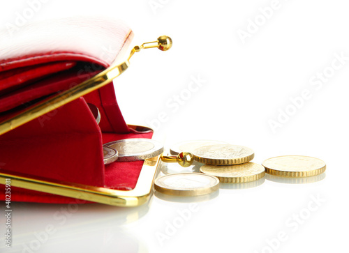 Photo: female red wallet with coins isolated on white female red wallet with coins isolated on white