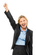 Happy mature business woman arms up isolated on white background