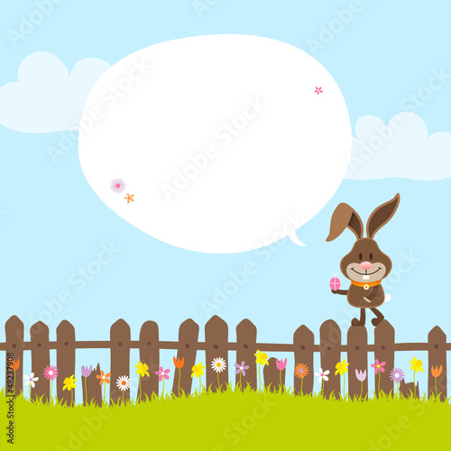 Vector: Bunny on Fence Holding Easter Egg Speech Bubble Bunny on Fence Holding Easter Egg Speech Bubble