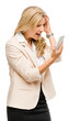Unhappy woman fighting using mobile phone isolated on white back