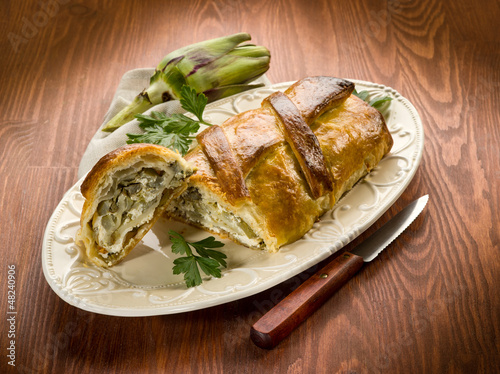 Photo: strudel with artichoke and ricotta, vegetarian food strudel with artichoke and ricotta, vegetarian food
