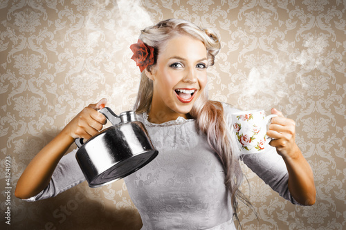 Photo: Beautiful Young Retro Woman With Cup Of Coffee Beautiful Young Retro Woman With Cup Of Coffee