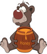 Bear and a wooden keg with honey. Cartoon