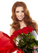 attractive woman in red drapery with red roses