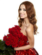 attractive woman in red drapery with red roses