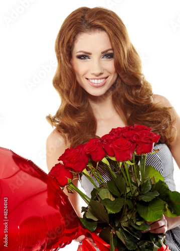 Photo: attractive woman in red drapery with red roses attractive woman in red drapery with red roses