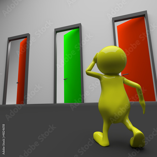Illustration: 3d people man and different doors 3d people man and different doors