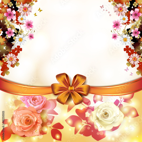 Vector: Roses with orange bow and butterflies Roses with orange bow and butterflies