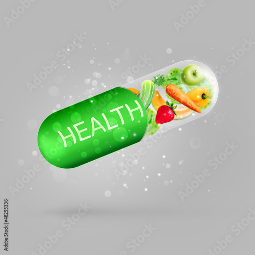 Photo: Different fruit and vegetables in capsule - healthy diet or natu Different fruit and vegetables in capsule - healthy diet or natu
