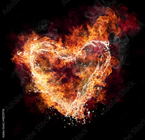 Photo: Water and fire heart shape on black background Water and fire heart shape on black background