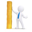 3d white man next to a pile of gold coins